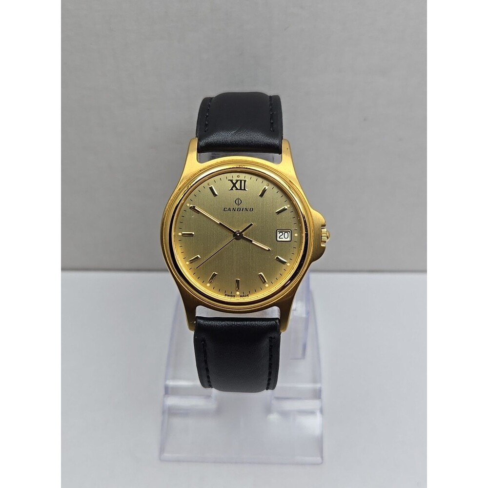 Candino Swiss Made Gold Tone Date Dress Watch Leather Band New Battery Ref 13854